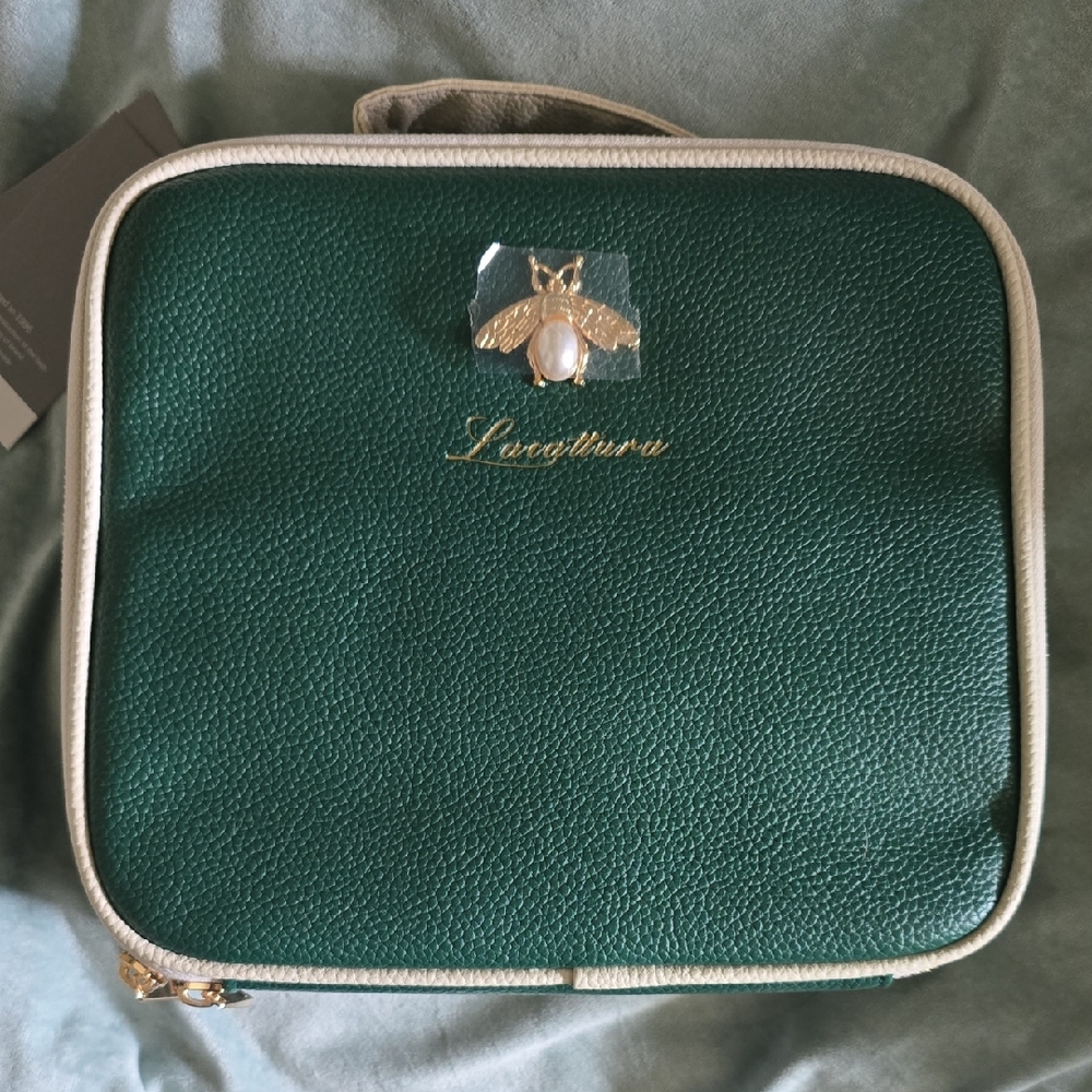 Green Leather Travel Case with Gold Bee Accent